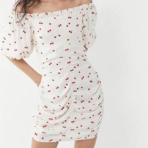 Urban Outfitters Cherry Off the Shoulder Mini Dress White Ruched Puff Sleeve